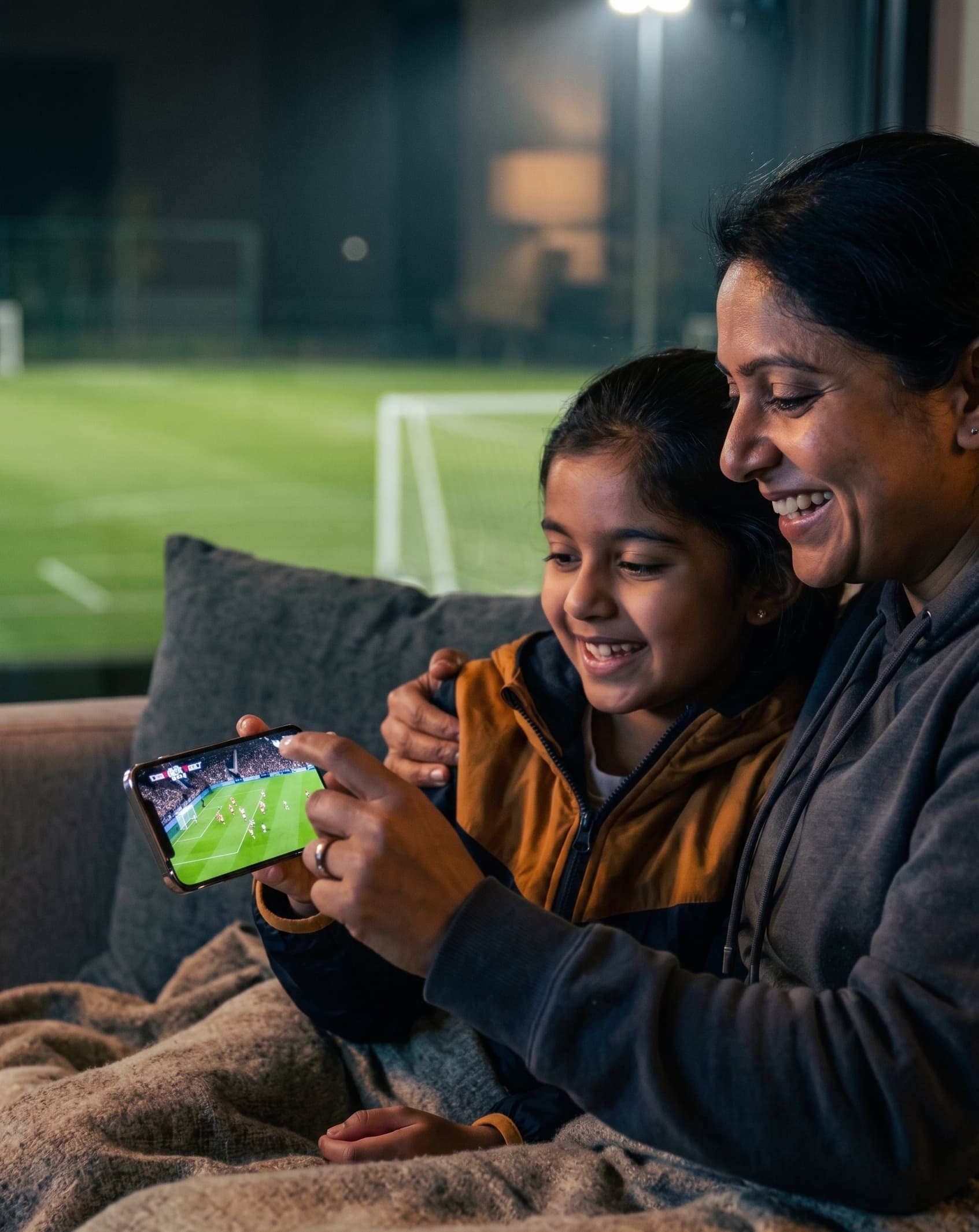A mother and daughter sharing the couch, watching football highlights on a phone with a turf and floodlights in the background.