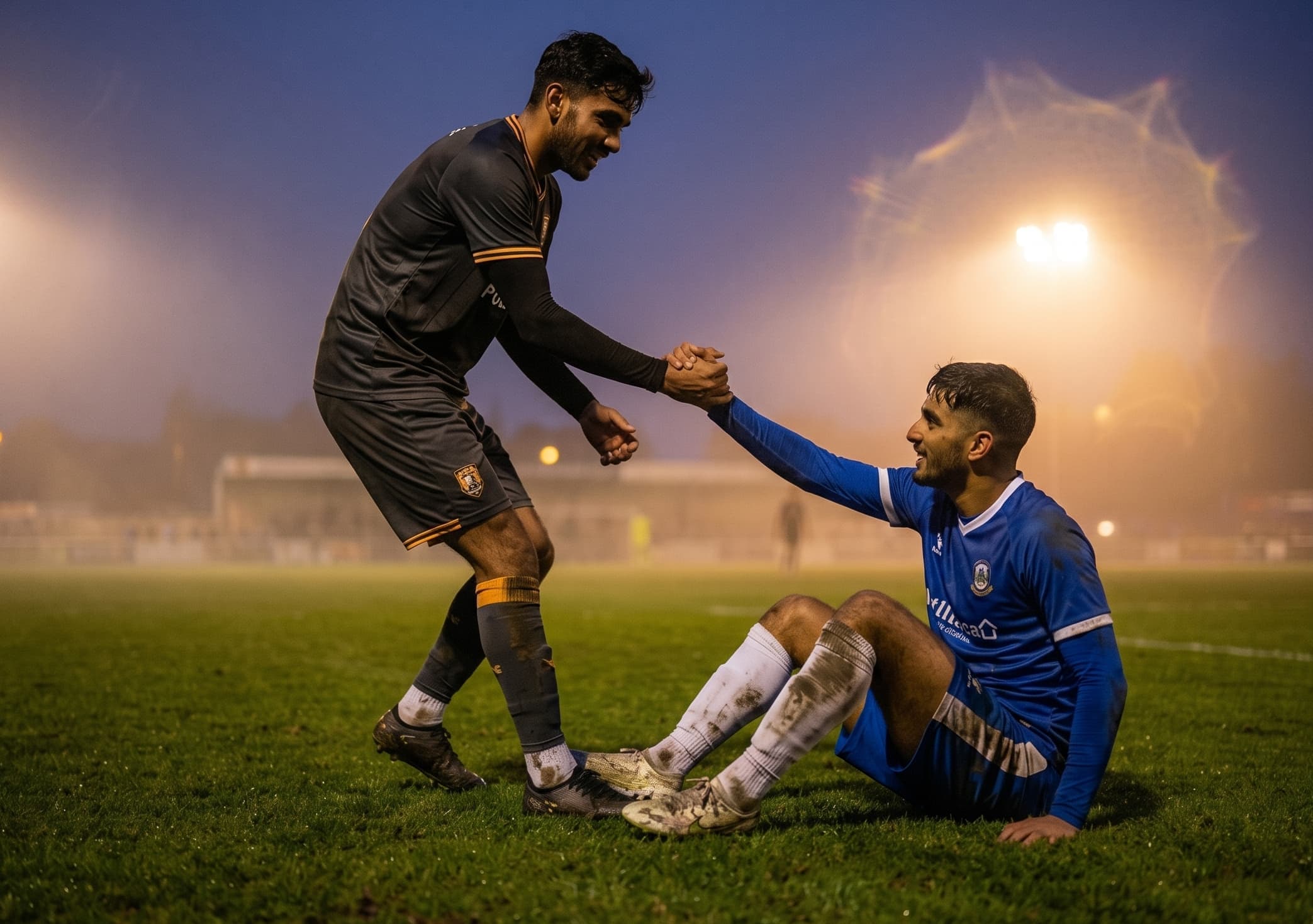 Two players sharing a handshake at the end of a match, one helping the other up from the pitch.